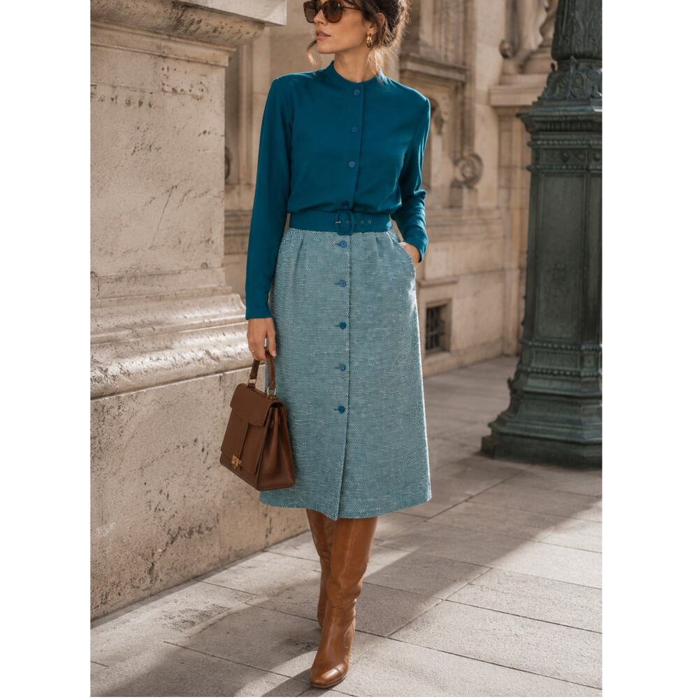 Vintage Addé II Teal Wool Blend Tweed Belted Button Front Dress Small S
